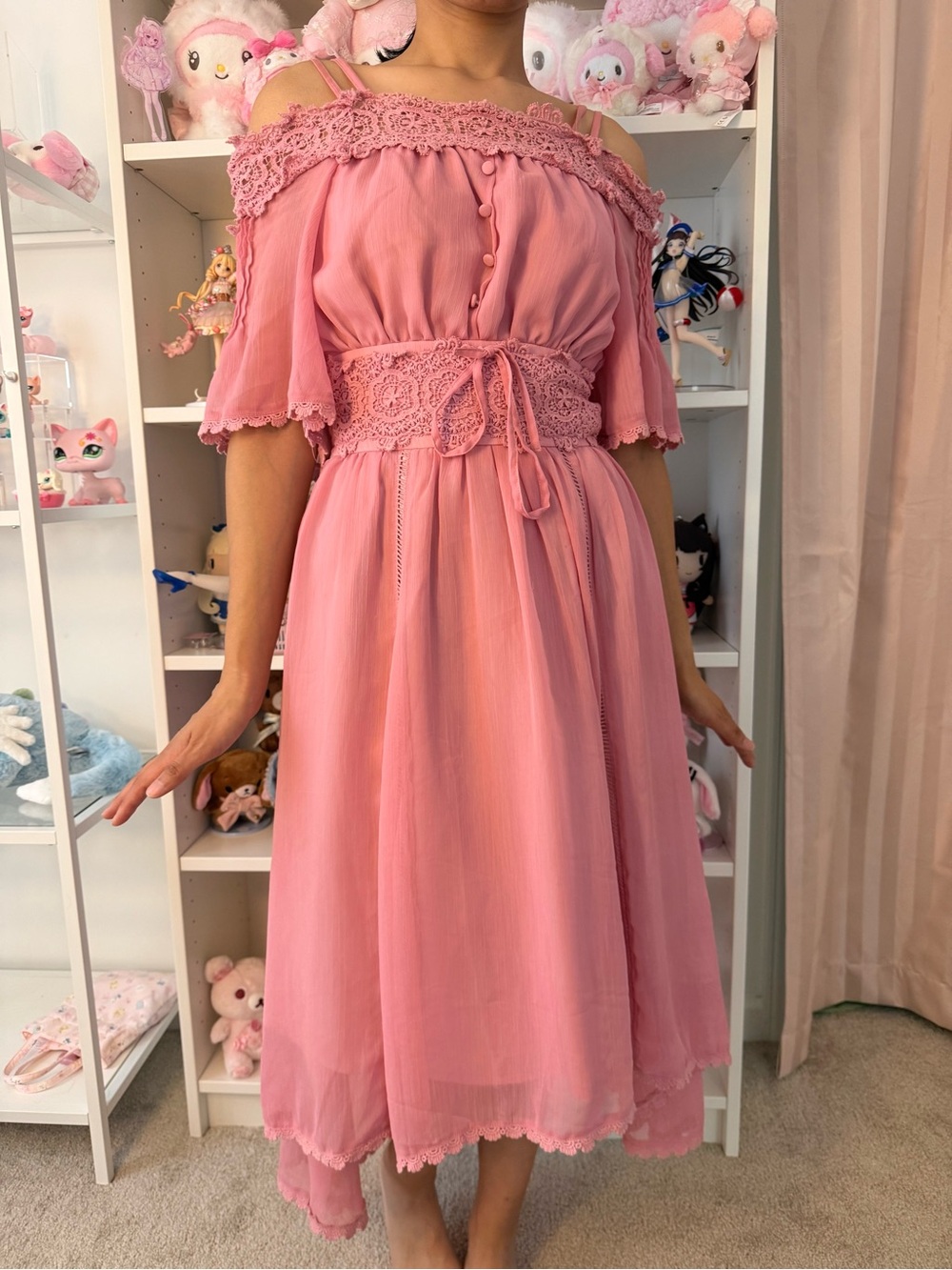 LIZ LISA Pink Crochet Lace Off Shoulder Midi Dress